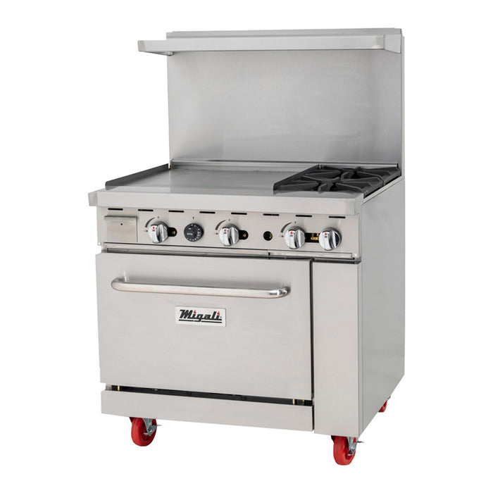 Migali 36” Competitor Series®  Wide, 2 Burner Liquid Propane Range  with 24”Griddle, Left side C-RO2-24GL-LP